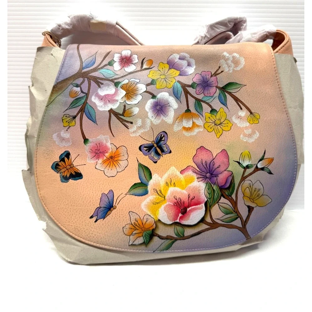 Anuschka Hand-Painted Leather FLAP PURSE SADDLE BAG JAPANESE GARDEN W/ POUCHES